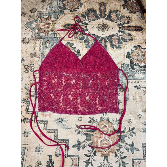 Vintage Hand Beaded y2k Open Back Tie Top Crop Pink Floral Halter Tank Medium - Picture 3 of 16